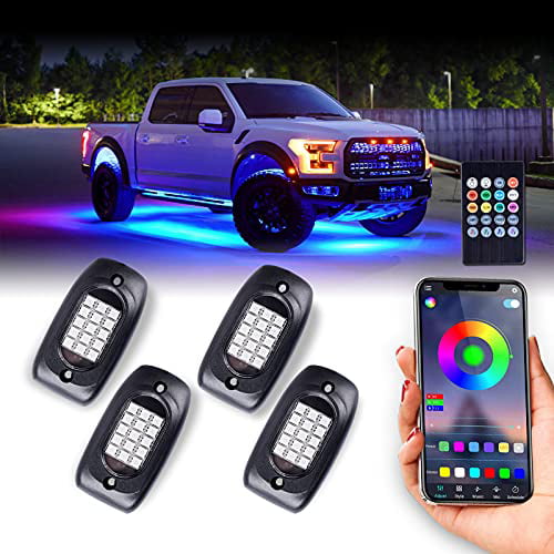 Morefulls LED Rock Lights and RGB Interior Light Combine Kit Multicolor Exterior and Interior Light Music Neon 4 Pods and 4 Strip for Truck Car UTV ATV Jeep 4X4 